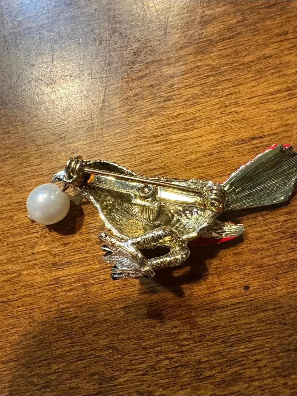 Vintage Gold and Red Bird Brooch with Pearl Accent - Elegant Bird Pin